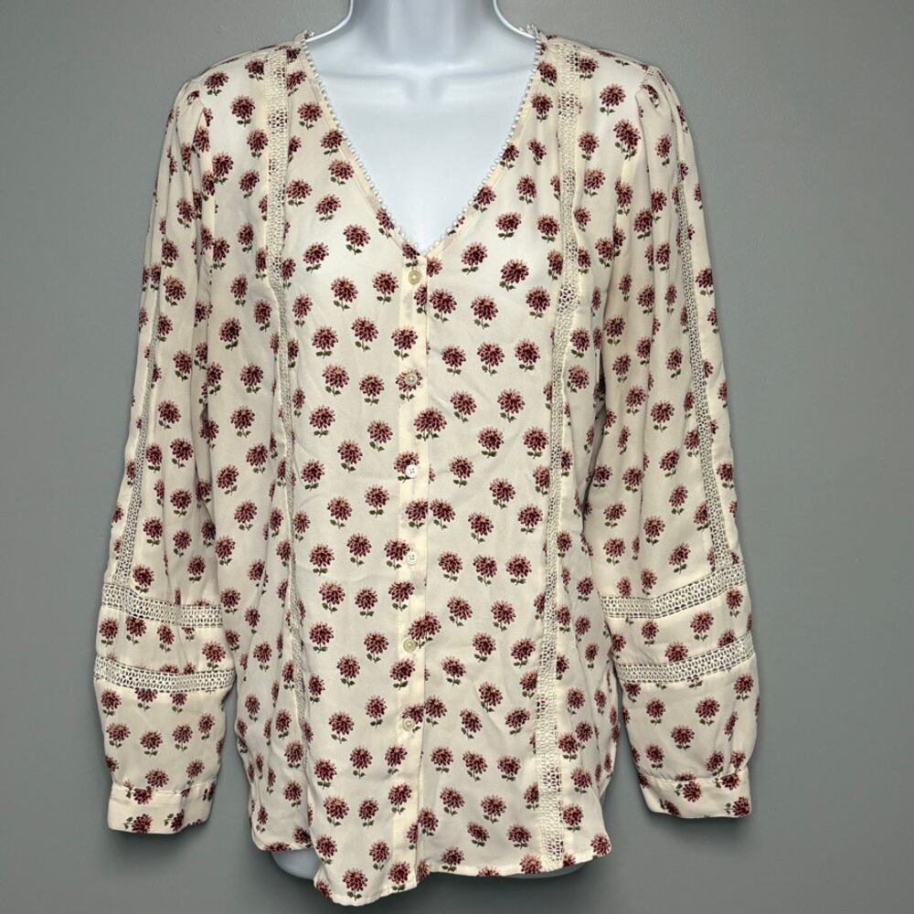 Loft‎ Peasant Ivory Cowgirl Romantic Floral Lace Eyelet Button Up Blouse Sz L
